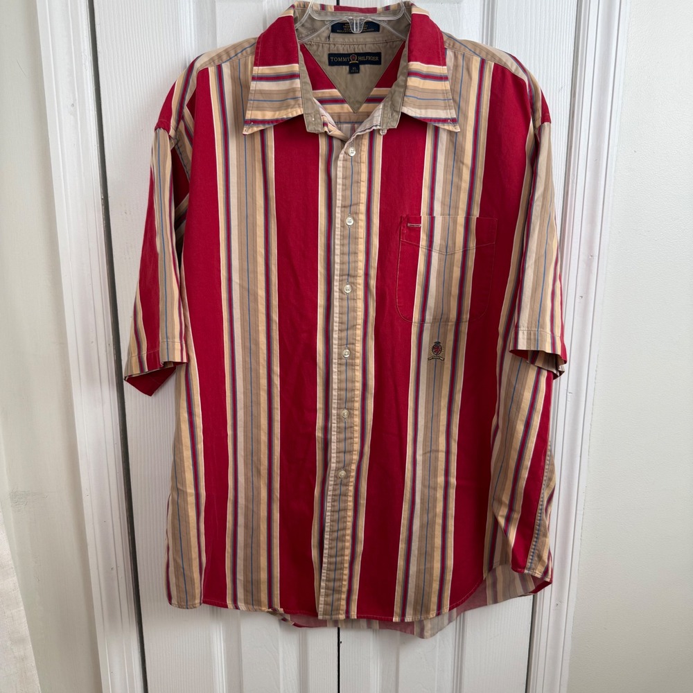 Tommy Hilfiger XL Striped Button Up Shirt Red Tan Crest Logo 90s Y2K Cotton